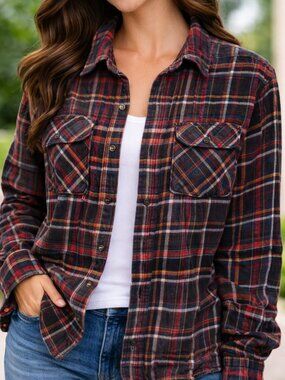 Ruff Hewn Mens XL Plaid Flannel Shirt Red Black Button Front Long Sleeve Cotton